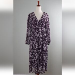 CALVIN KLEIN $139 White Purple Polka Dot Slip Lined Belted Midi Dress Size 8